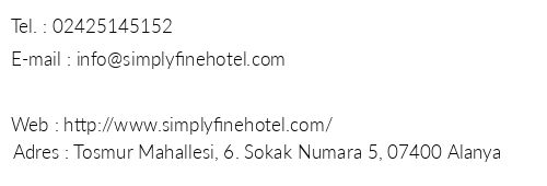 Simply Fine Hotel Alize telefon numaralar, faks, e-mail, posta adresi ve iletiim bilgileri